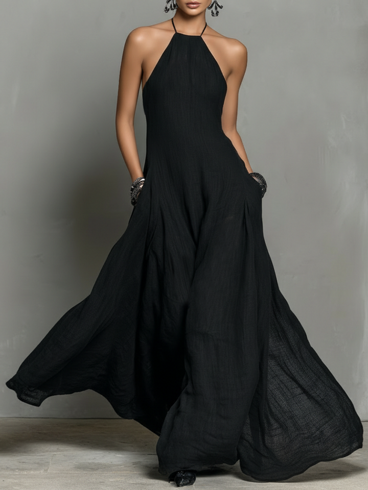 Natalie | Black Linen Halter Neck Sleeveless Maxi Dress for Women