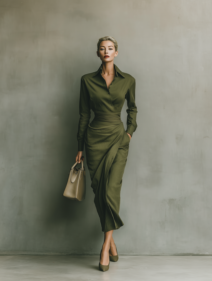 Ivy | Green Fitted Lapel Ruched Waist Maxi Dress