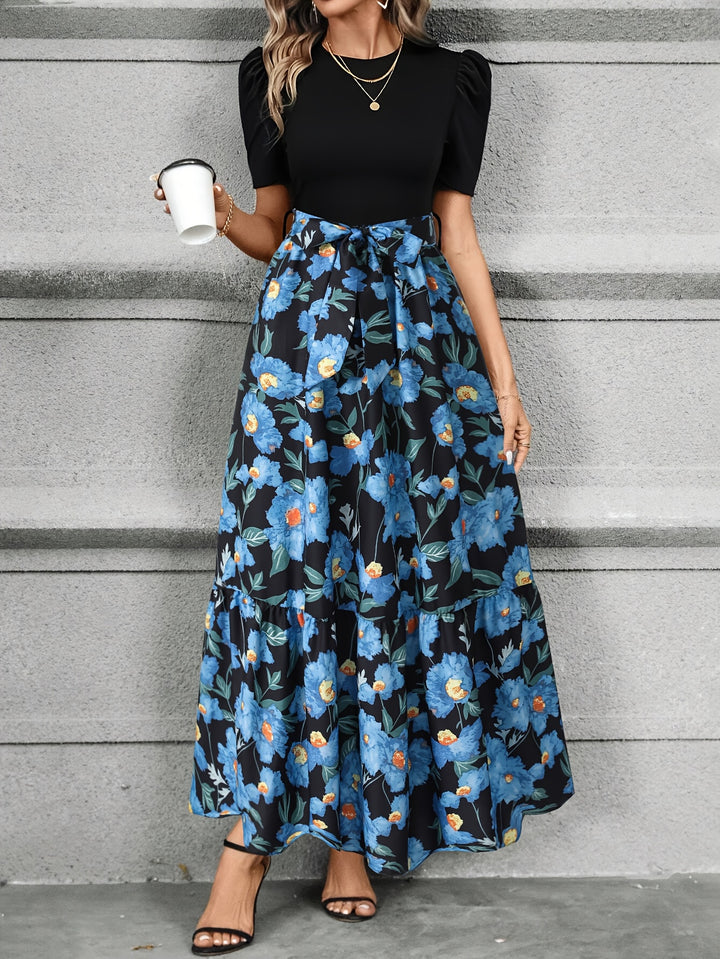 Women's Black Blue Floral Short Sleeve Tiered Maxi Skirt Set