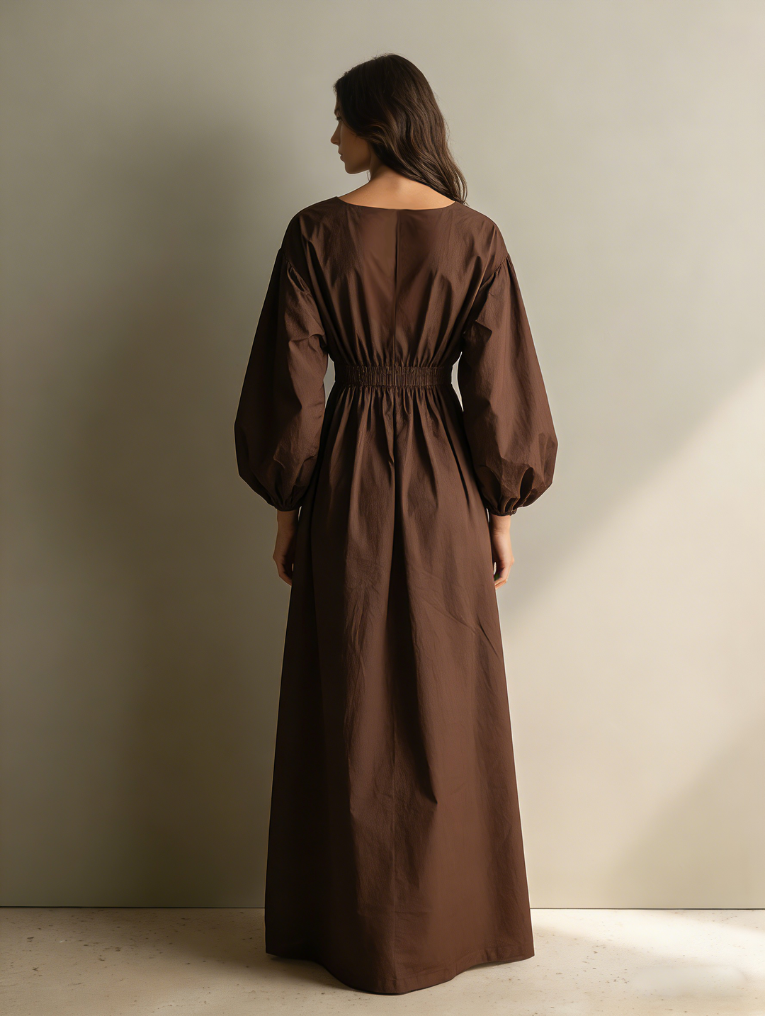 Autumn | Brown V Neck Puff Sleeve Elastic Waist Casual Maxi Dress