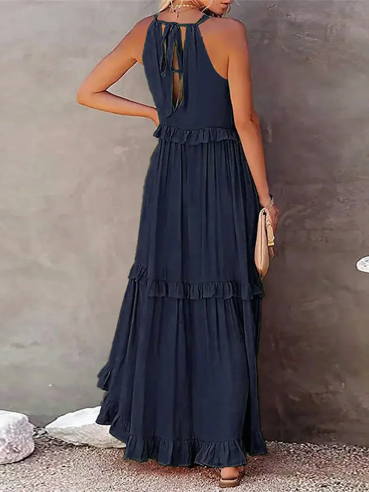 Elegant Tiered Chiffon Maxi Cocktail Dress for Women with Halter Neckline Ruffle Layers Flowing Skirt