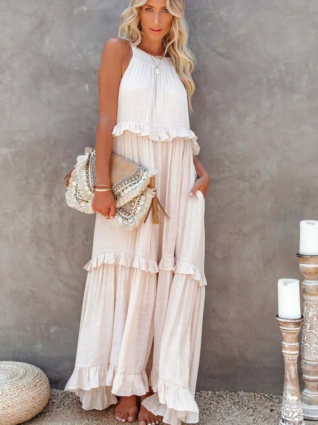 Elegant Tiered Chiffon Maxi Cocktail Dress for Women with Halter Neckline Ruffle Layers Flowing Skirt