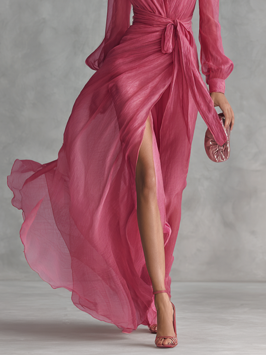 Gabrielle | Pink Dresses for Women with V Neck Tie Waist Chiffon Maxi Style