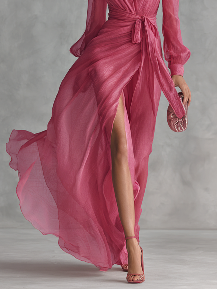 Gabrielle | Pink Dresses for Women with V Neck Tie Waist Chiffon Maxi Style
