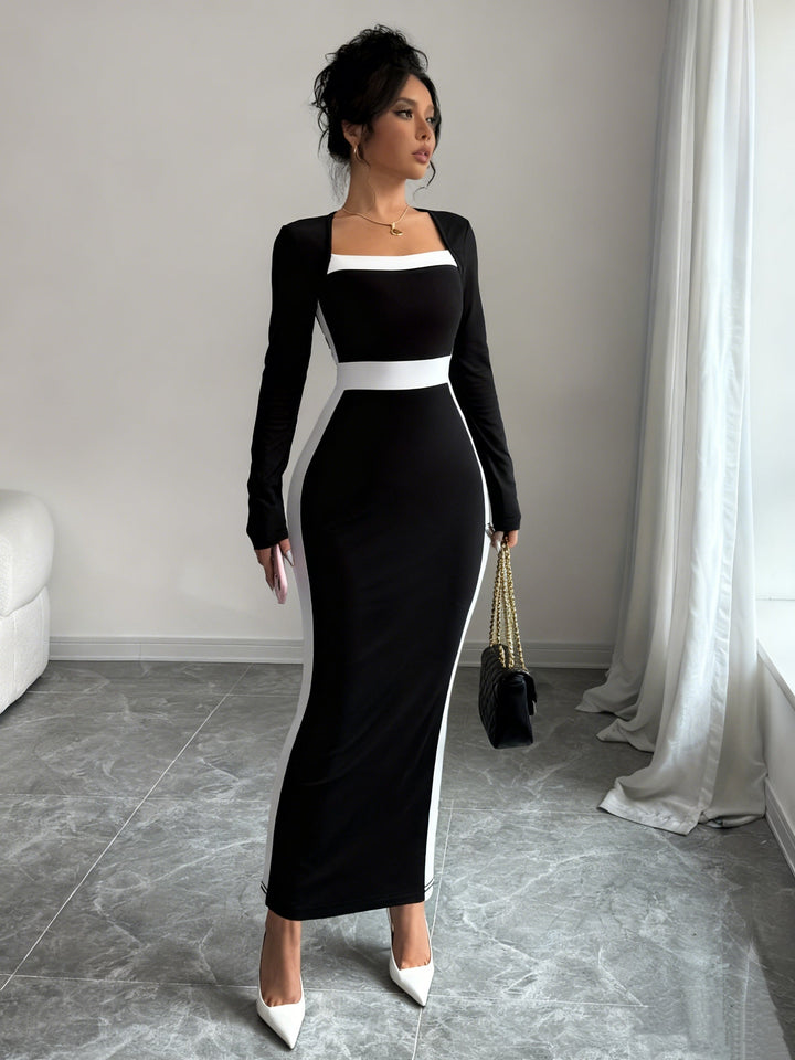 Elegant Black Colorblock Maxi Dress for Women with Square Neck Long Sleeve Bodycon Column Style
