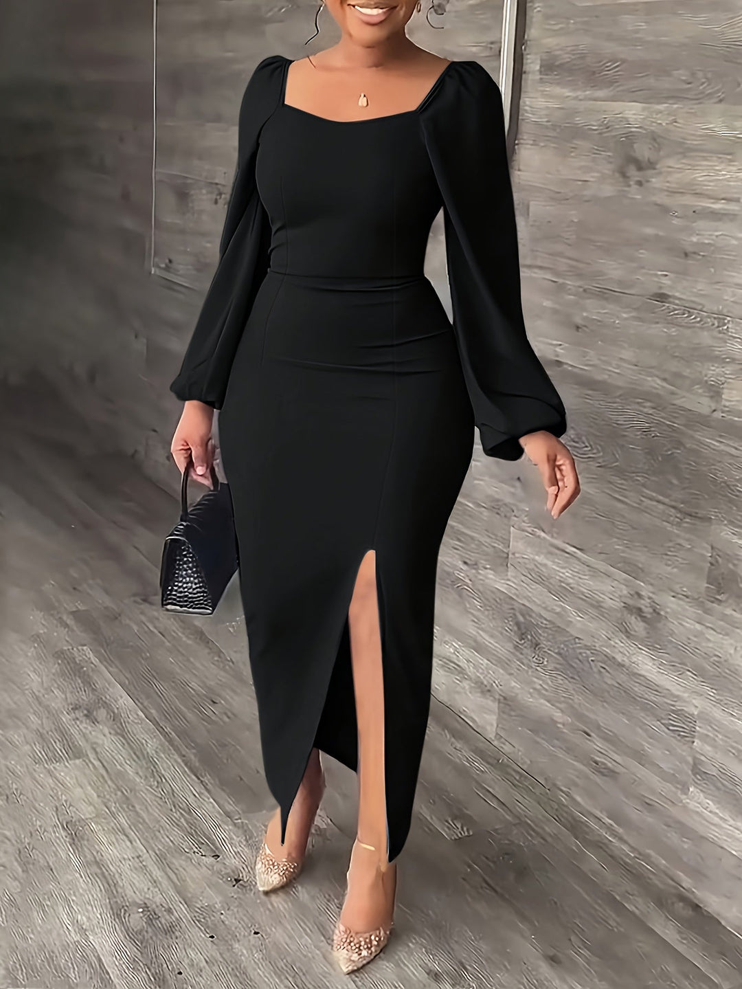 Elegant Bodycon Midi Dress for Women with Square Neck Long Puff Sleeve Side Slit Cocktail Style