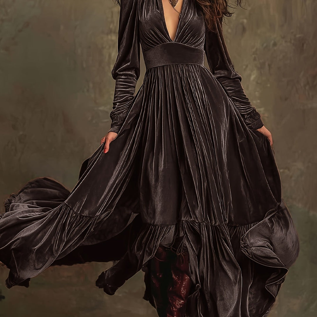 Elegant Velvet Maxi Dress for Women with Plunging V Neck Long Sleeve Tiered Ruffle Flowing Style