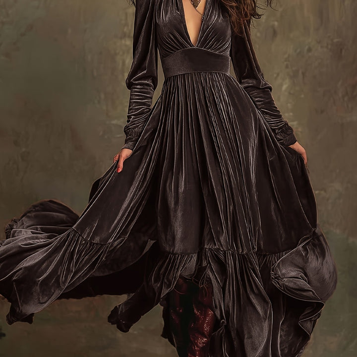Elegant Velvet Maxi Dress for Women with Plunging V Neck Long Sleeve Tiered Ruffle Flowing Style