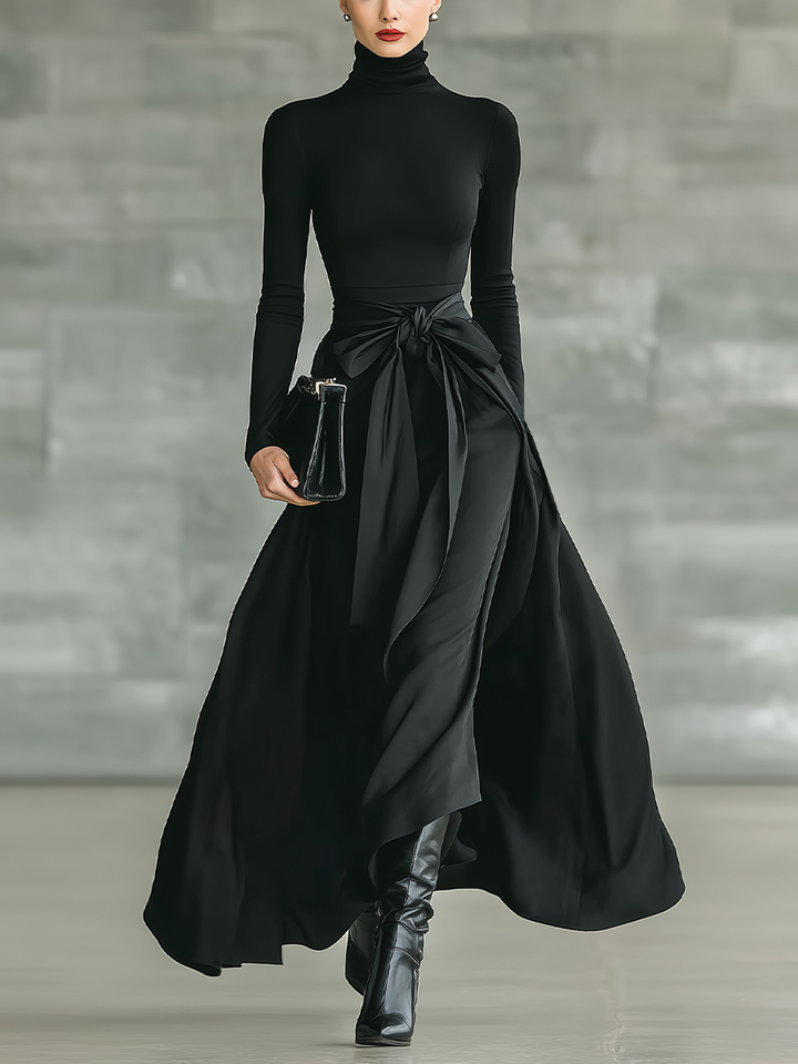 Vera | Black Turtleneck Bow Waist Satin Flared Maxi Dress