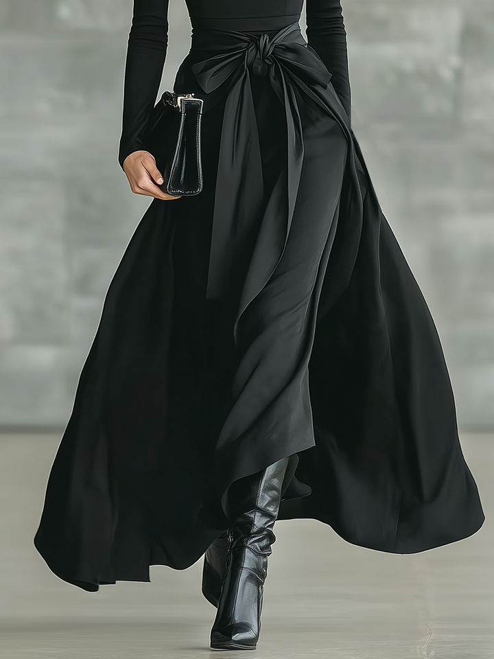 Vera | Black Turtleneck Bow Waist Satin Flared Maxi Dress