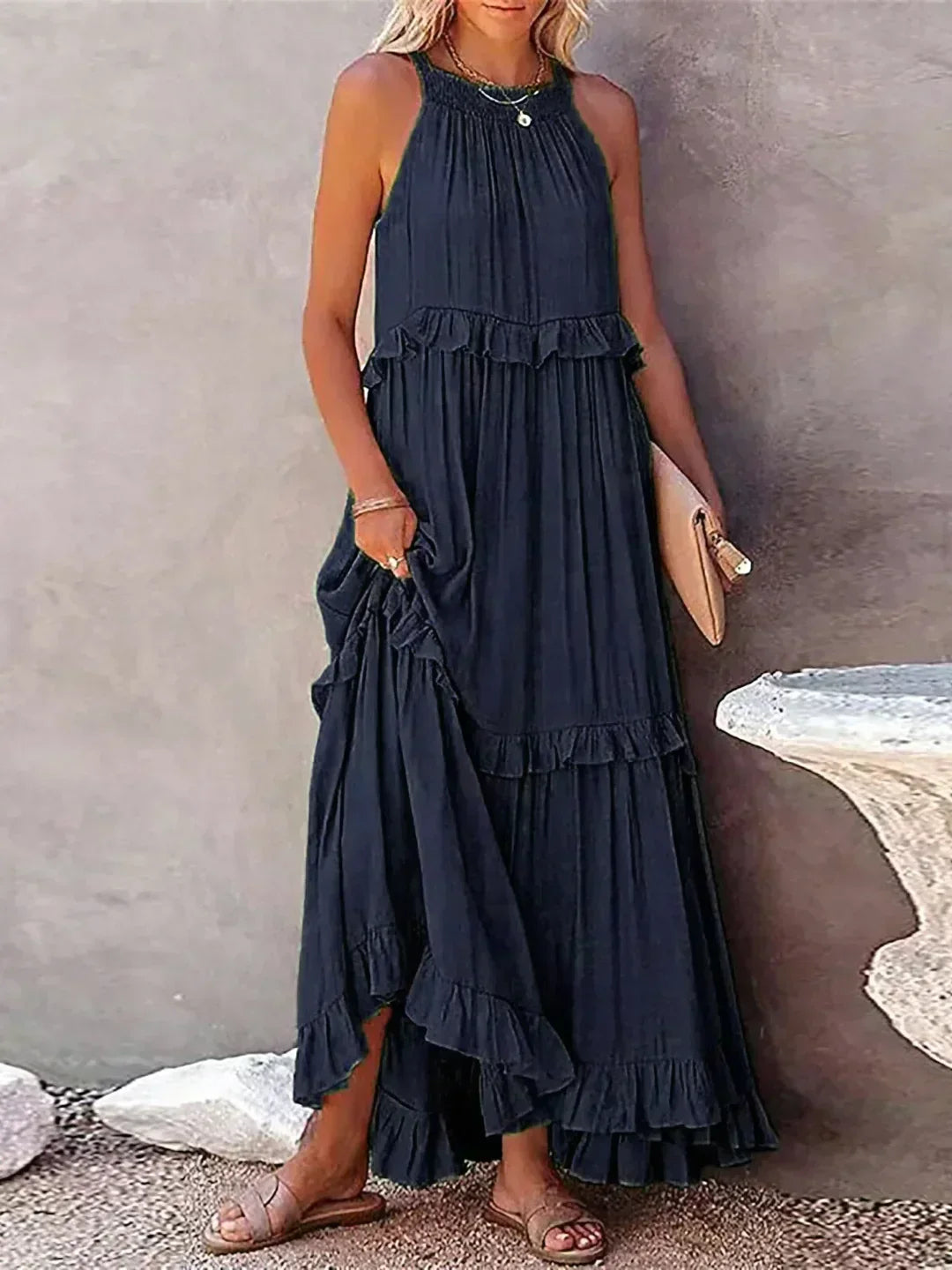 Elegant Tiered Chiffon Maxi Cocktail Dress for Women with Halter Neckline Ruffle Layers Flowing Skirt