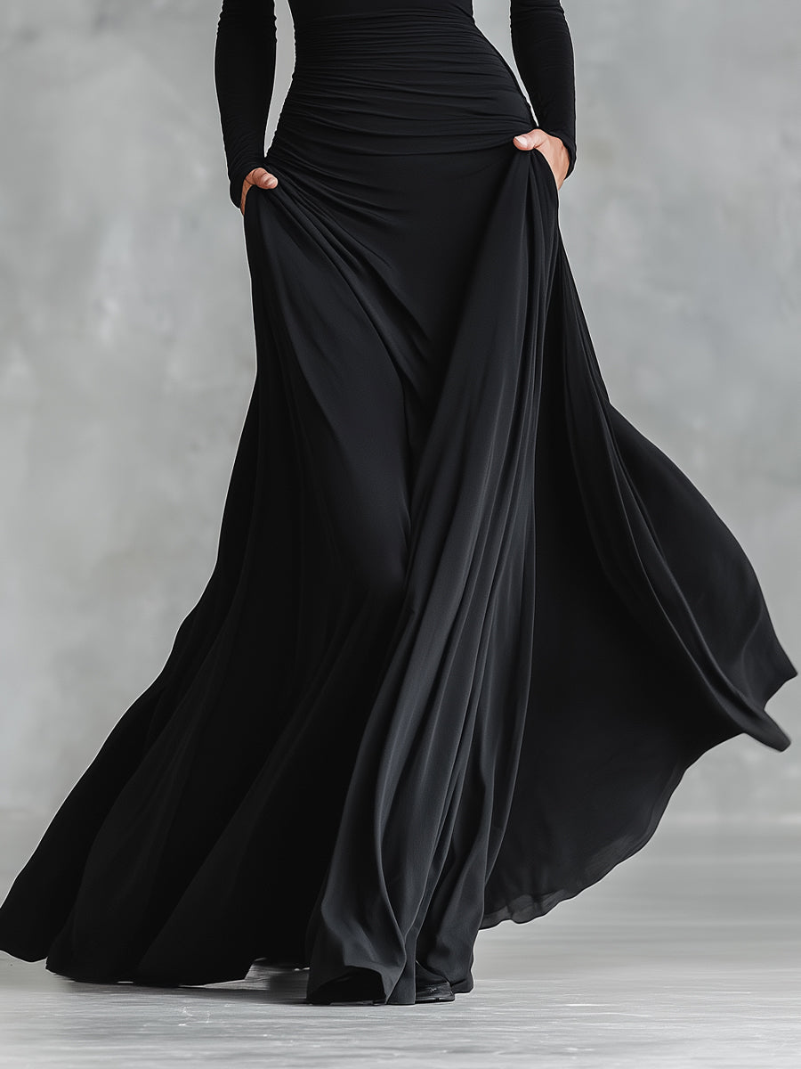 Naomi | Black Dress for Women Boat Neck Ruched Waist Long Sleeve Formal Maxi Style