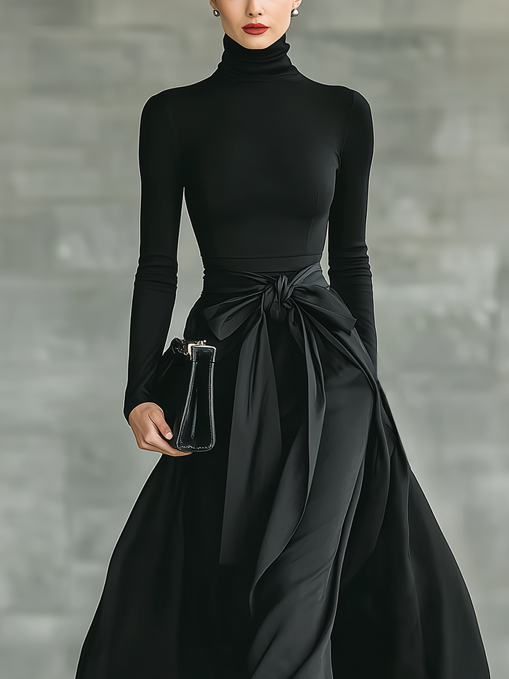 Vera | Black Turtleneck Bow Waist Satin Flared Maxi Dress