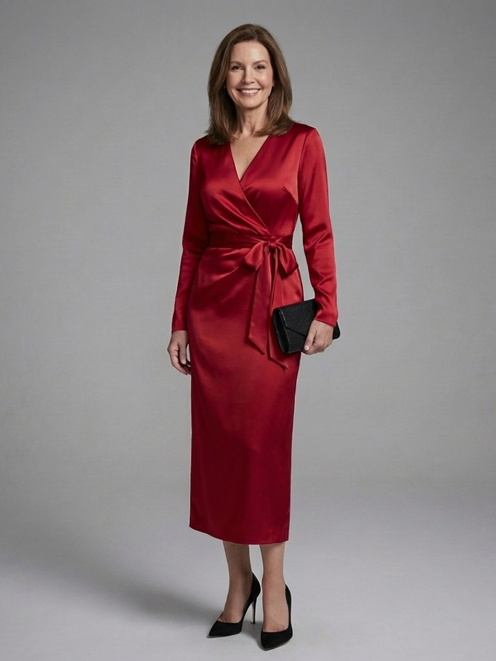 Elegant Satin Wrap Autumn Wedding Guest Dress for Women with Long Sleeve Surplice Neckline Tie Waist