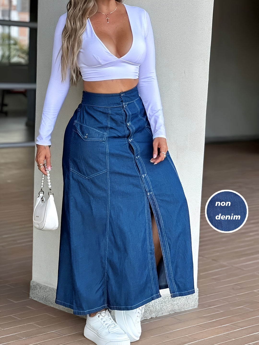 Women's Blue Denim High Waist Front Slit Maxi Long Skirt