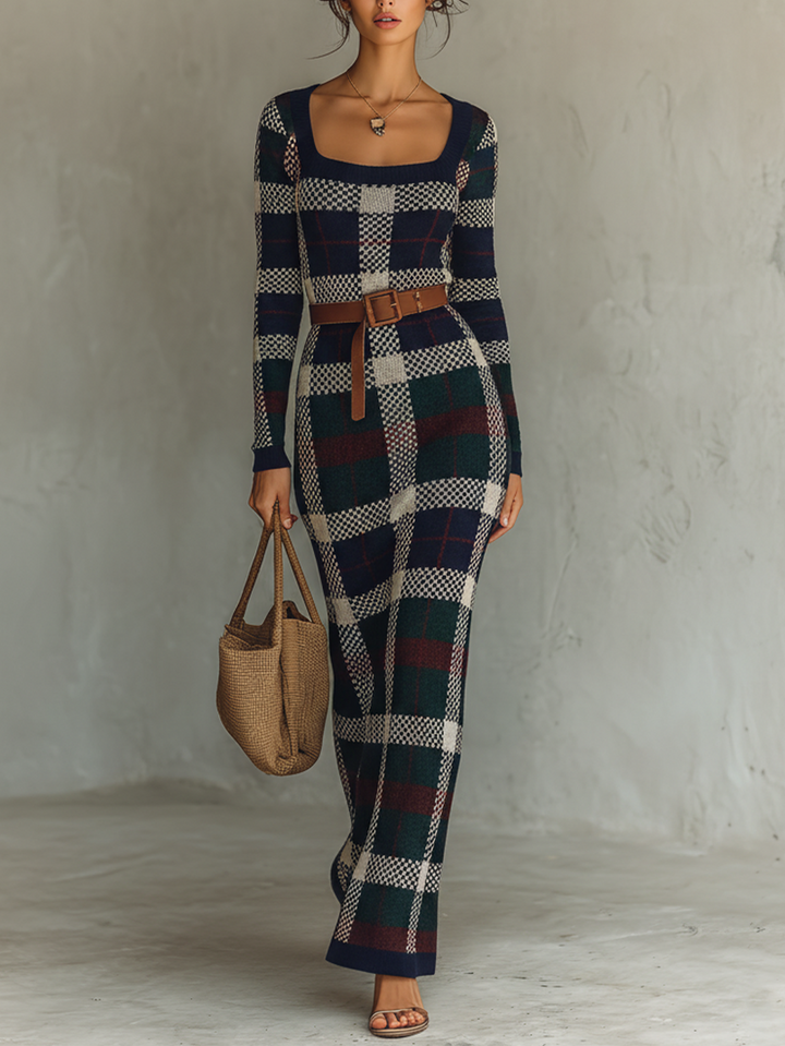 Dana | Plaid Knit Square Neck Belt Waist Fitted Maxi Dress