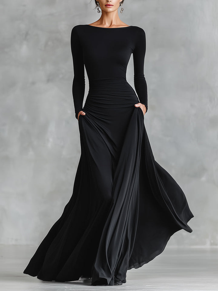 Naomi | Black Dress for Women Boat Neck Ruched Waist Long Sleeve Formal Maxi Style