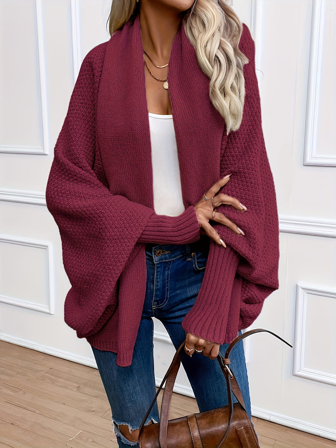 Women's Open Front Batwing Sleeve Chunky Knit Oversized Cardigan