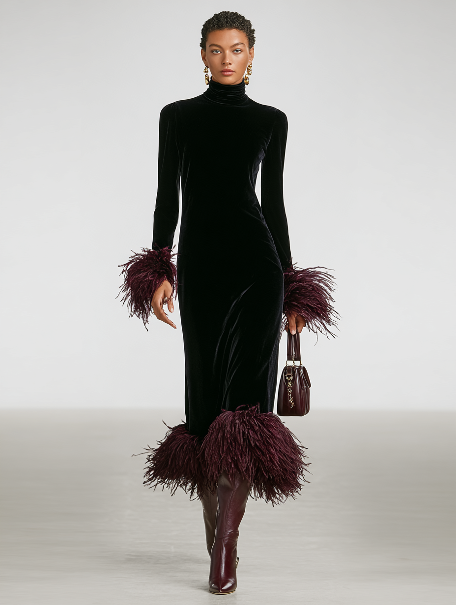 Roxanne | Black Velvet Turtleneck Feather Cuff Fitted Formal Maxi Dress