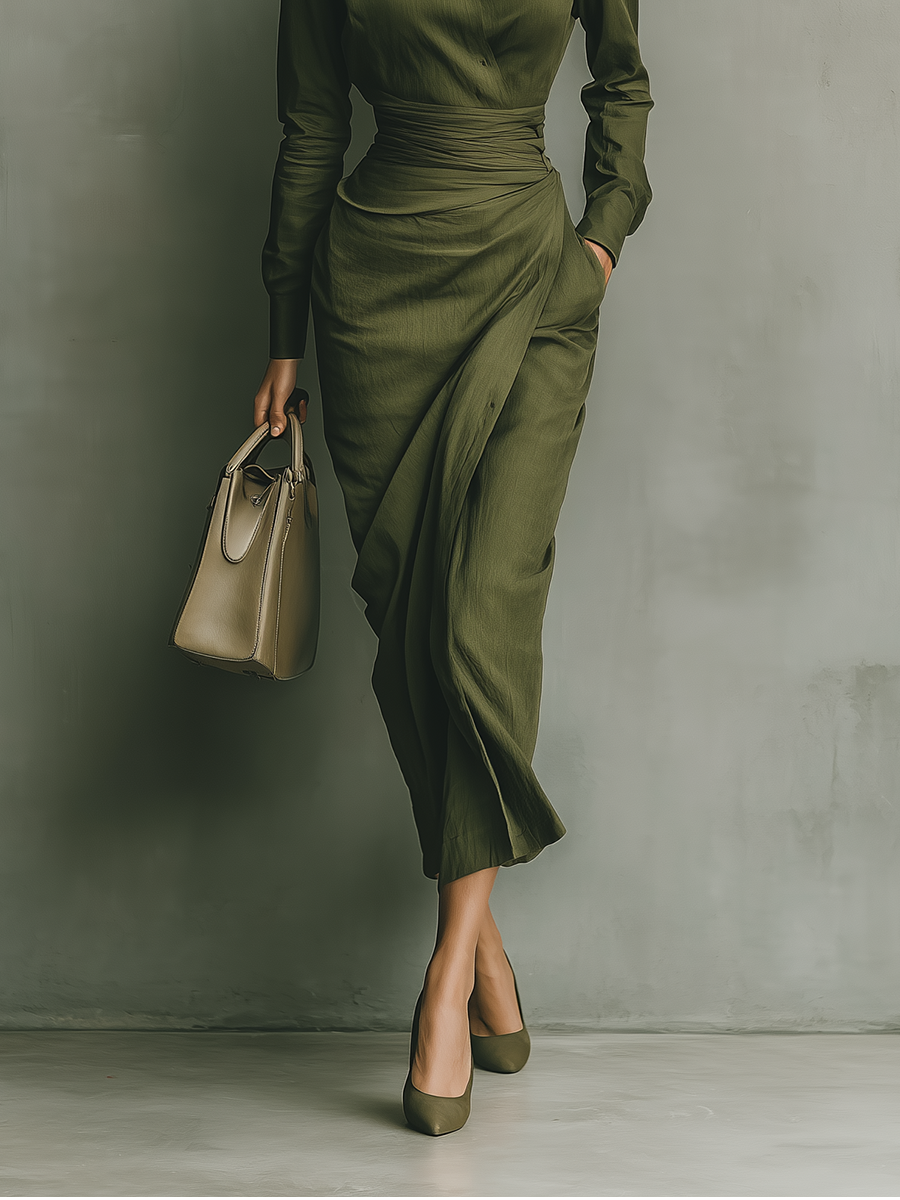 Ivy | Green Fitted Lapel Ruched Waist Maxi Dress