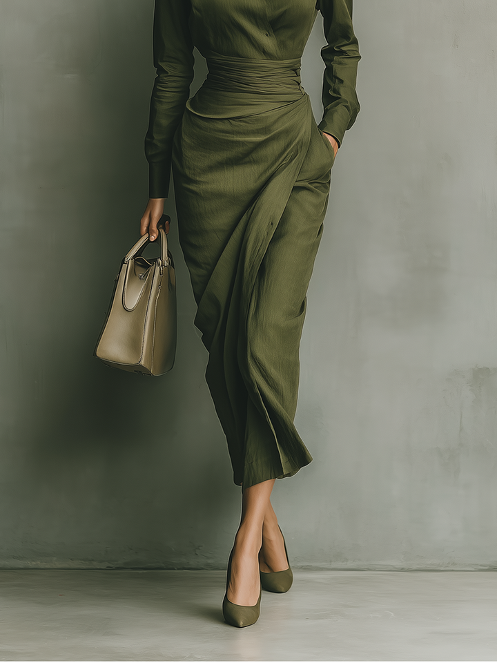 Ivy | Green Fitted Lapel Ruched Waist Maxi Dress