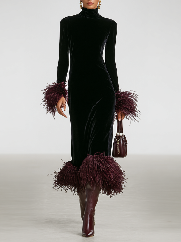 Roxanne | Black Velvet Turtleneck Feather Cuff Fitted Formal Maxi Dress