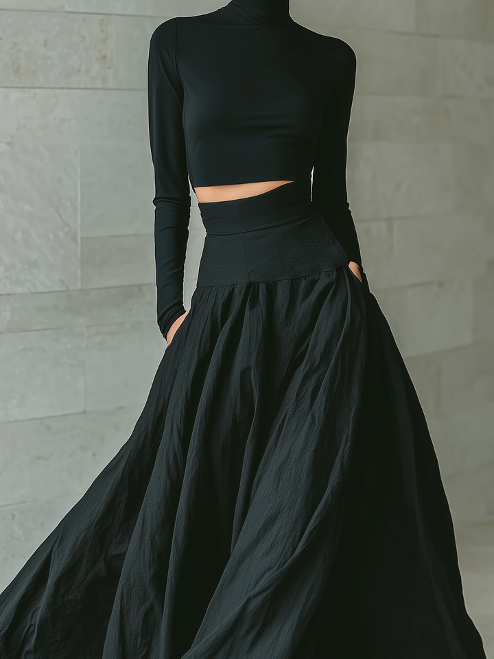 Zoe | Black Two Piece Set Turtleneck Crop Top Flared Maxi Skirt Formal Style
