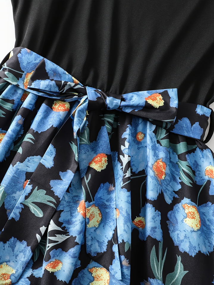 Women's Black Blue Floral Short Sleeve Tiered Maxi Skirt Set