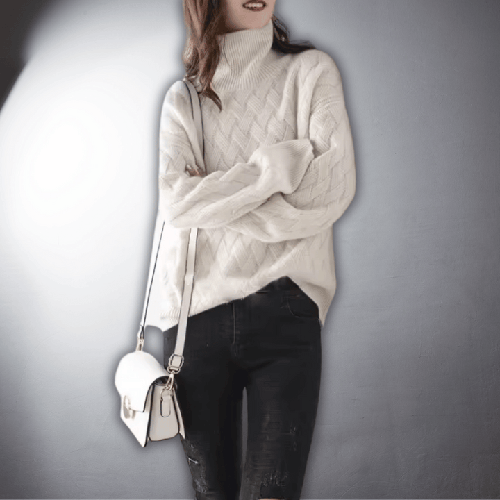 Comfortable Basketweave Knit Sweater for Women with Turtleneck Long Sleeve Relaxed Oversized Style