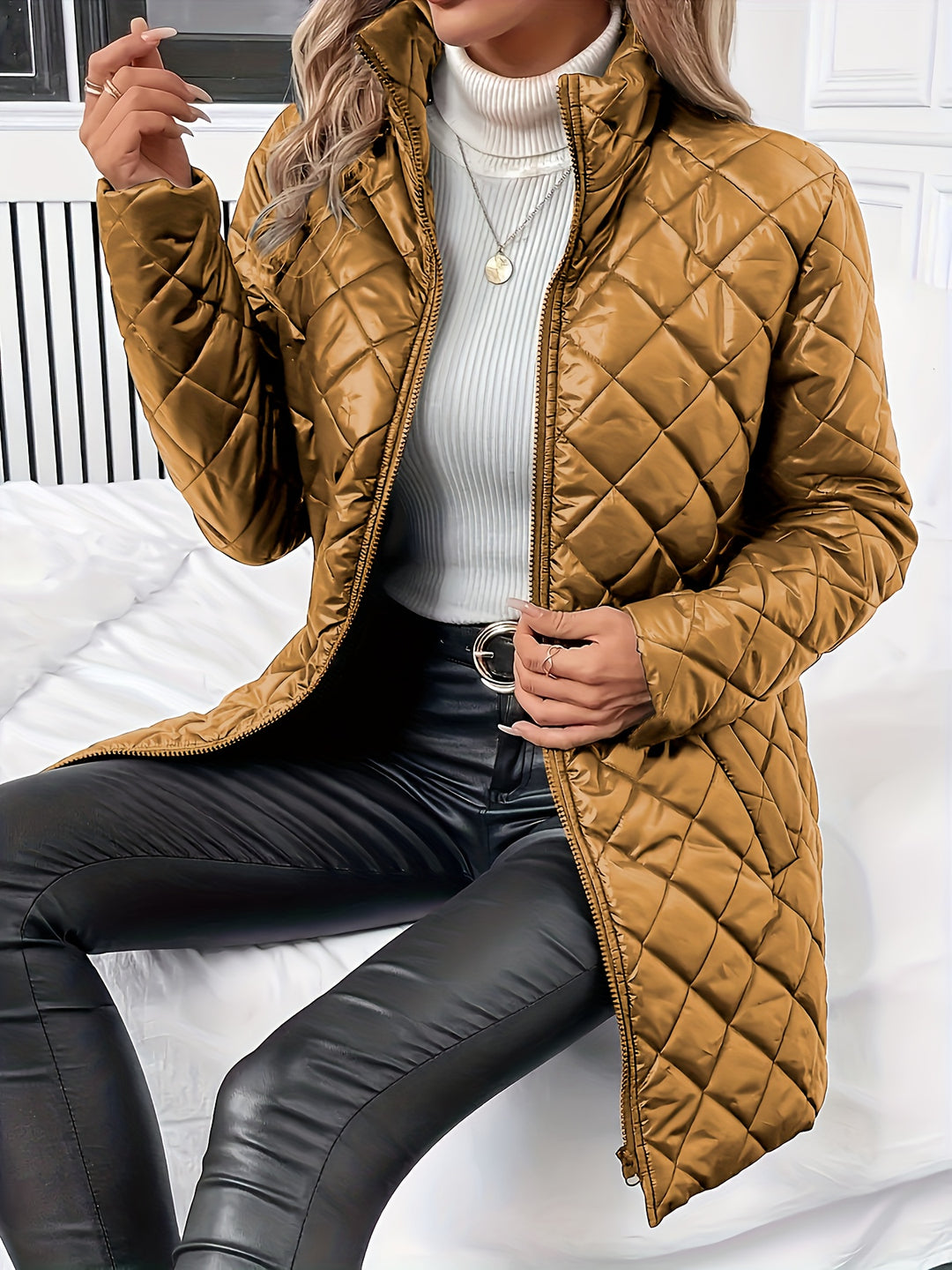 Women's Quilted Coat Open Front Collarless Lightweight Padded Jacket