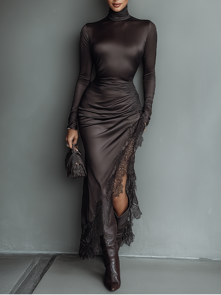 Mocha | Brown Satin Turtleneck Ruched Lace Hem Fitted Maxi Dress