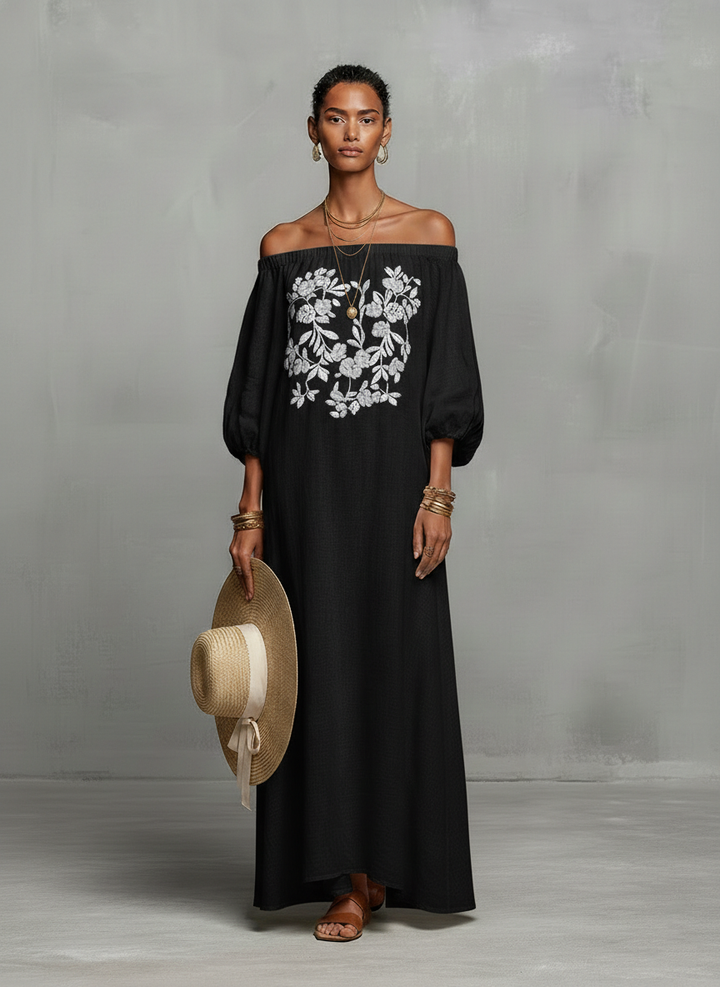 Roselyn | Off Shoulder Floral Embroidered Puff Sleeve Maxi Dress for Women
