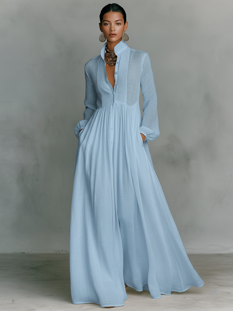 Lauren | Linen Stand Collar Pleated Maxi Dress for Women