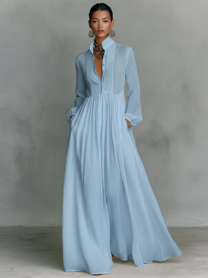 Lauren | Linen Stand Collar Pleated Maxi Dress for Women
