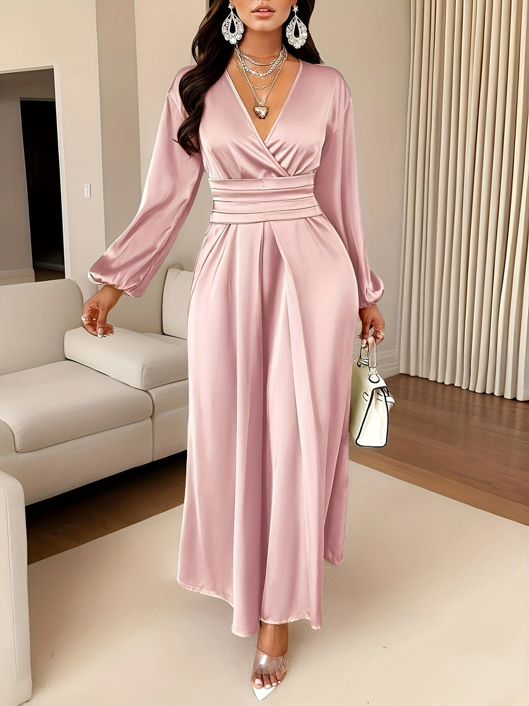 Elegant Satin Wrap Maxi Dress for Women with V Neck Bishop Sleeve Pleated Waist High Slit Flowing Style