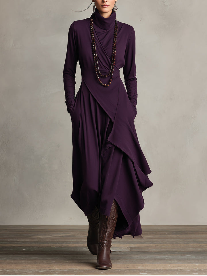 Celeste | Purple Dress for Women with Turtleneck Asymmetric Draped Maxi Style