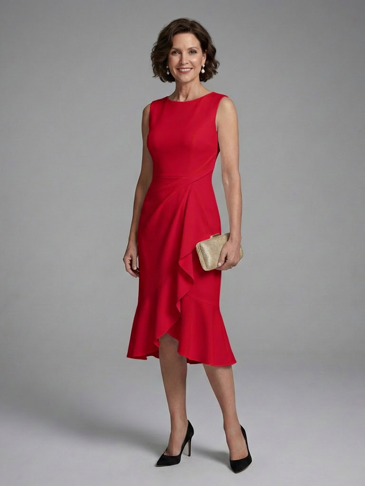 Elegant Sleeveless Midi Dress for Women with Ruffle Hem Fitted Waist Formal Wedding Guest Style