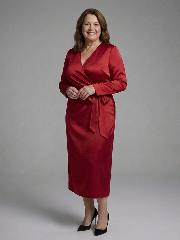 Elegant Satin Wrap Autumn Wedding Guest Dress for Women with Long Sleeve Surplice Neckline Tie Waist