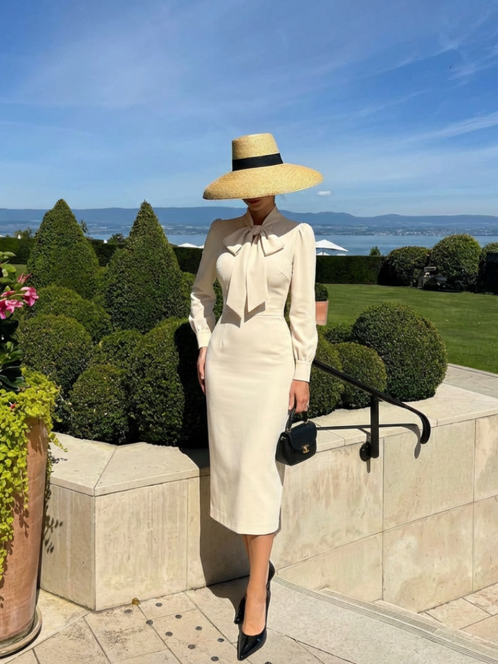 Elegant Beige Long Sleeve Midi Dress for Women with Tie Bow Neckline Fitted Sheath Formal Wedding Guest Style
