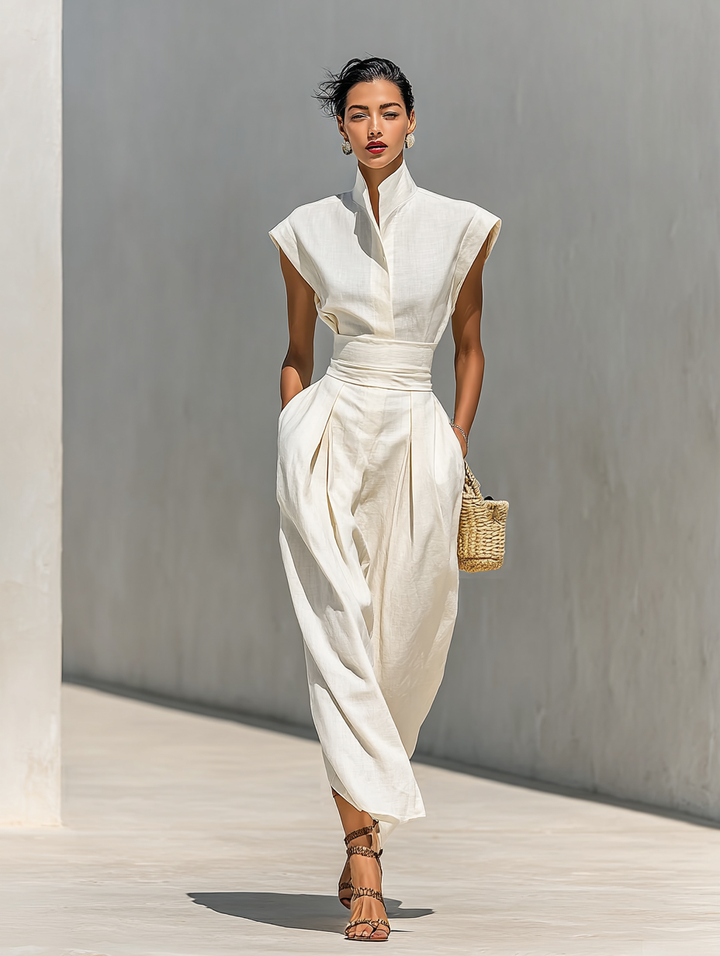 Sophia | Beige Cotton Lapel Cap Sleeve Belted Maxi Dress