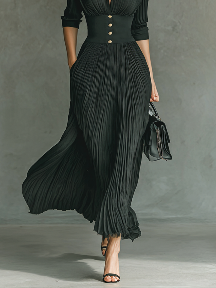 Petra | Black Pleated Lapel Corset Waist Long Sleeve Maxi Dress