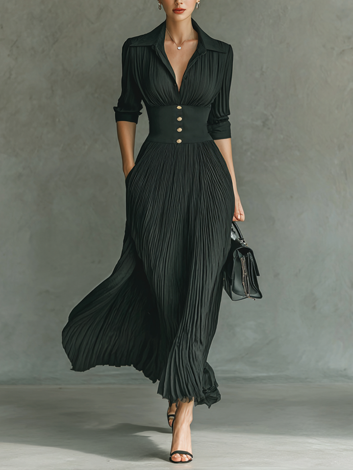 Petra | Black Pleated Lapel Corset Waist Long Sleeve Maxi Dress