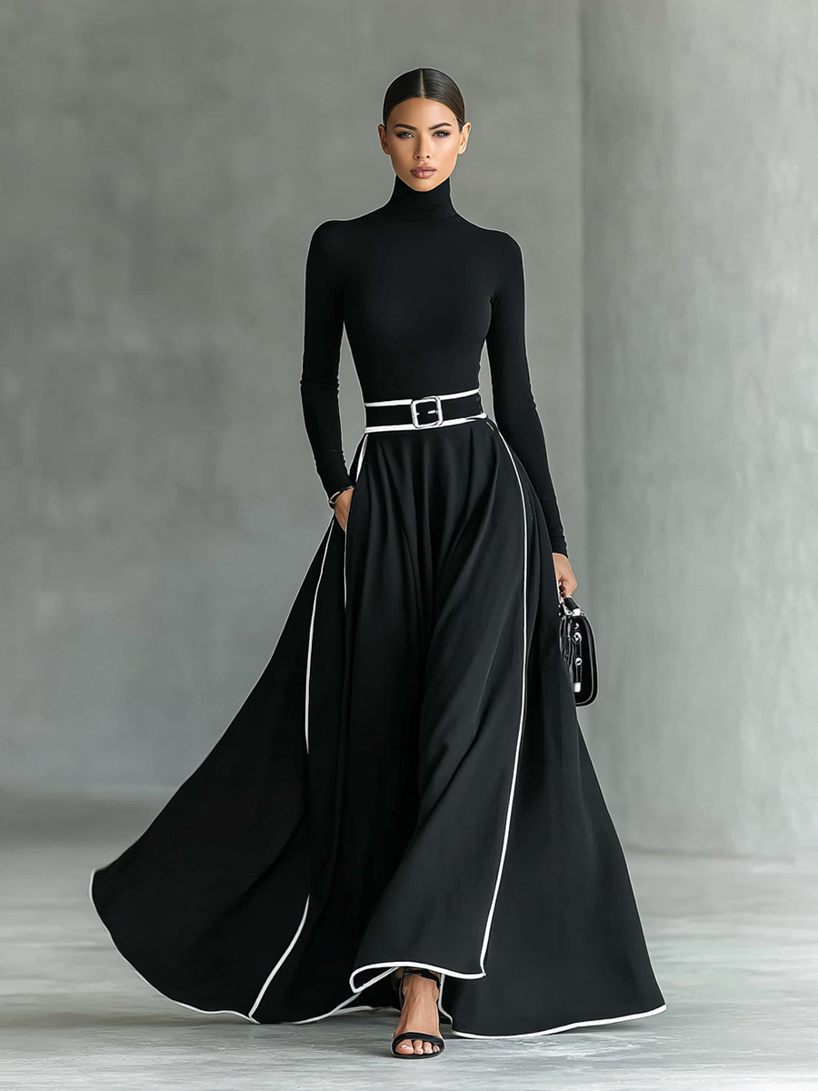 Reese | Turtleneck White Trim Belt Waist Flared Maxi Dress