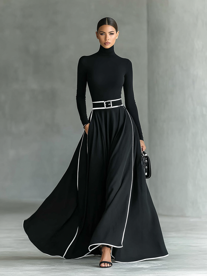 Reese | Turtleneck White Trim Belt Waist Flared Maxi Dress
