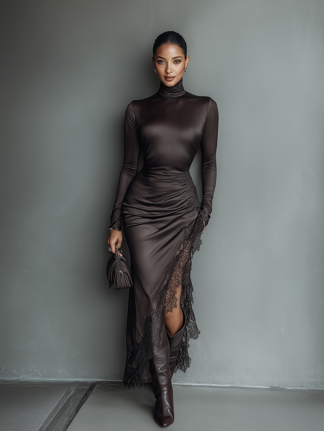 Mocha | Brown Satin Turtleneck Ruched Lace Hem Fitted Maxi Dress