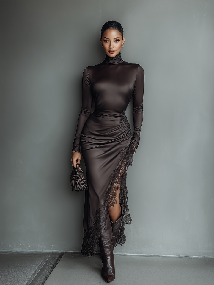 Mocha | Brown Satin Turtleneck Ruched Lace Hem Fitted Maxi Dress