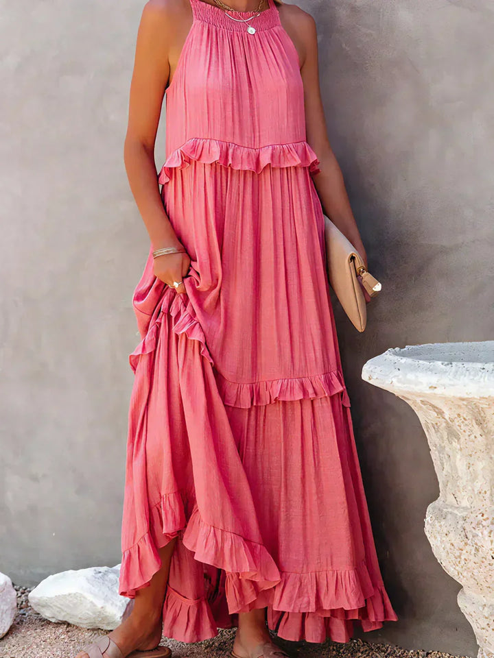 Elegant Tiered Chiffon Maxi Cocktail Dress for Women with Halter Neckline Ruffle Layers Flowing Skirt