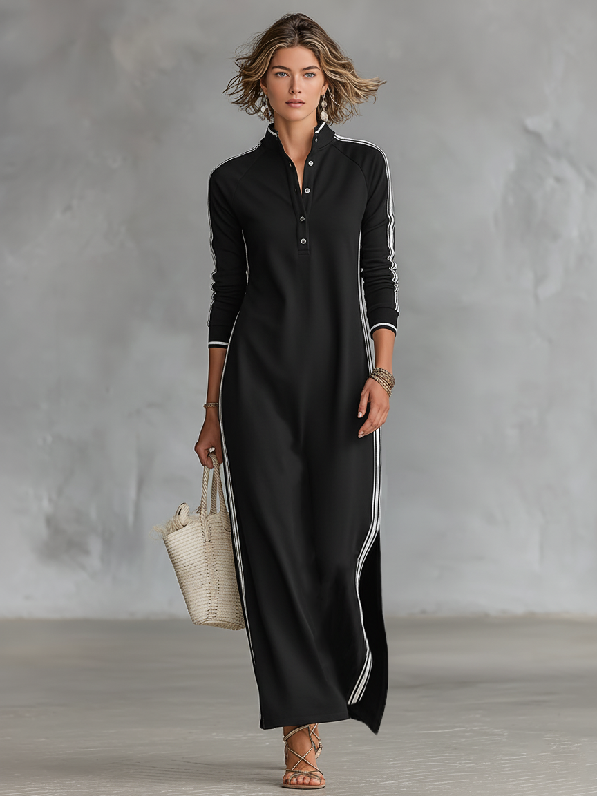Riley | Sporty Stripe Trim Shirt Dress for Women with Stand Collar Maxi Style