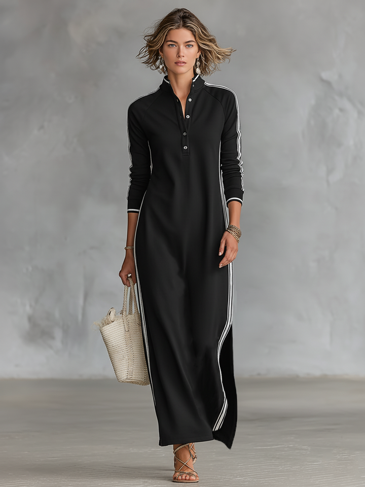 Riley | Sporty Stripe Trim Shirt Dress for Women with Stand Collar Maxi Style