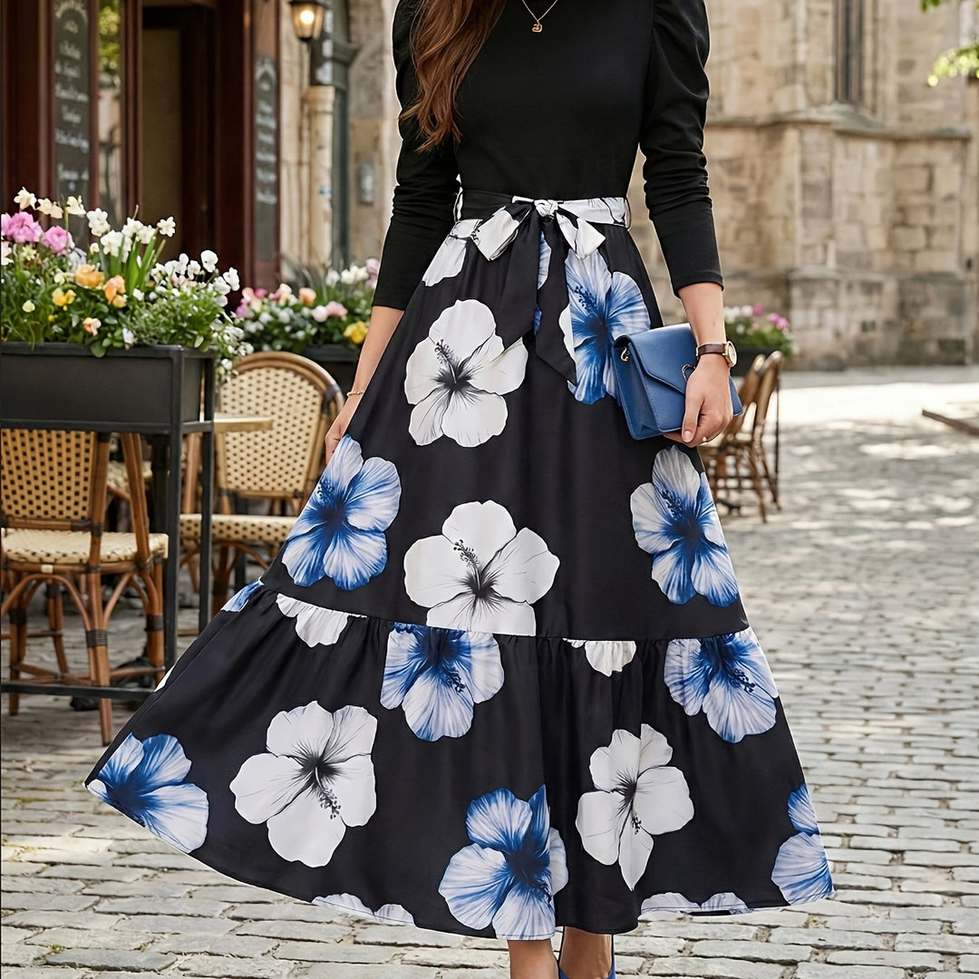 Women's Blue and Black Dress Floral Long Sleeve Maxi Set
